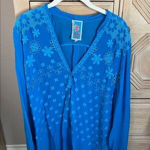 Johnny Was Turquoise Blue Embroidered V-Neck Tunic
